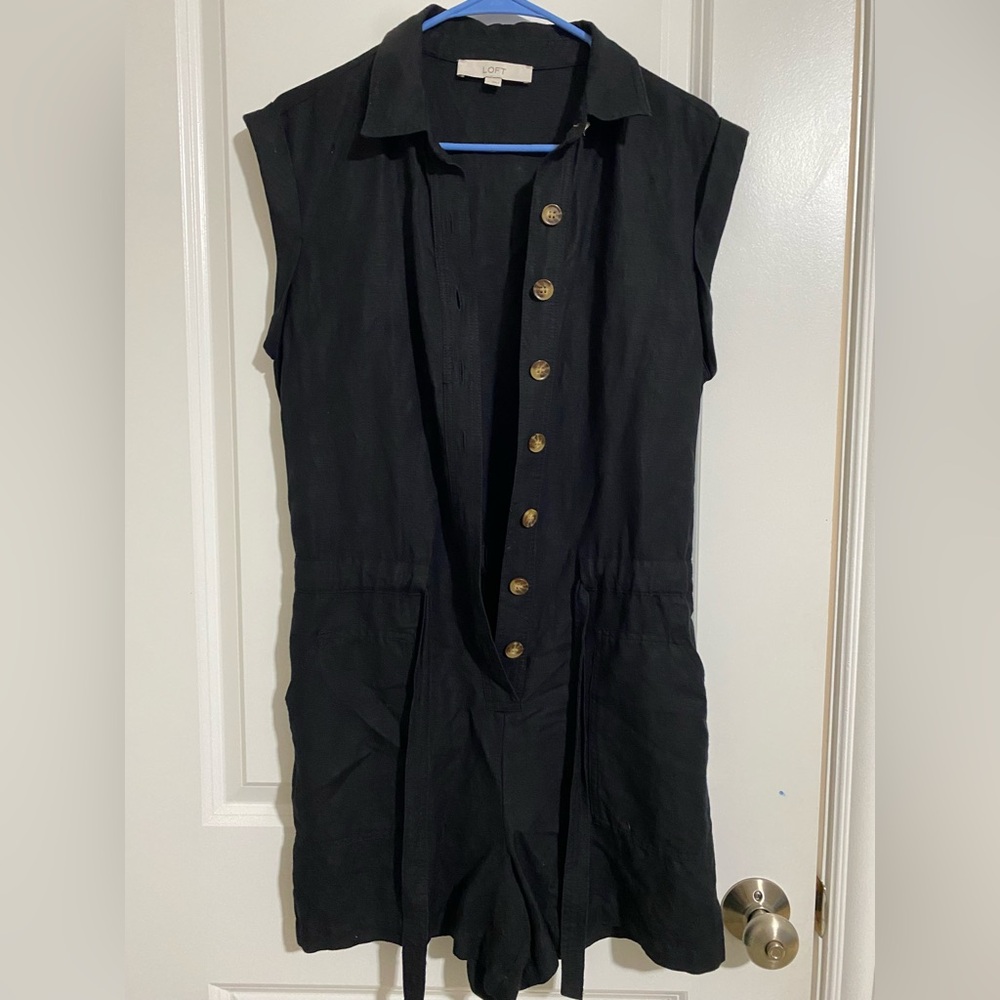 LOFT Charcoal Sleeveless Button-Front Romper